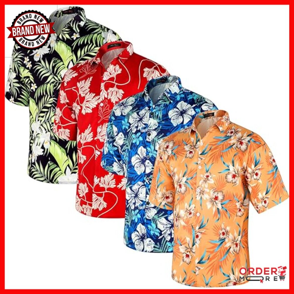 4 Pack Unisex Tropical Short Sleeve Button Down Shirts Regular Fit Polyester